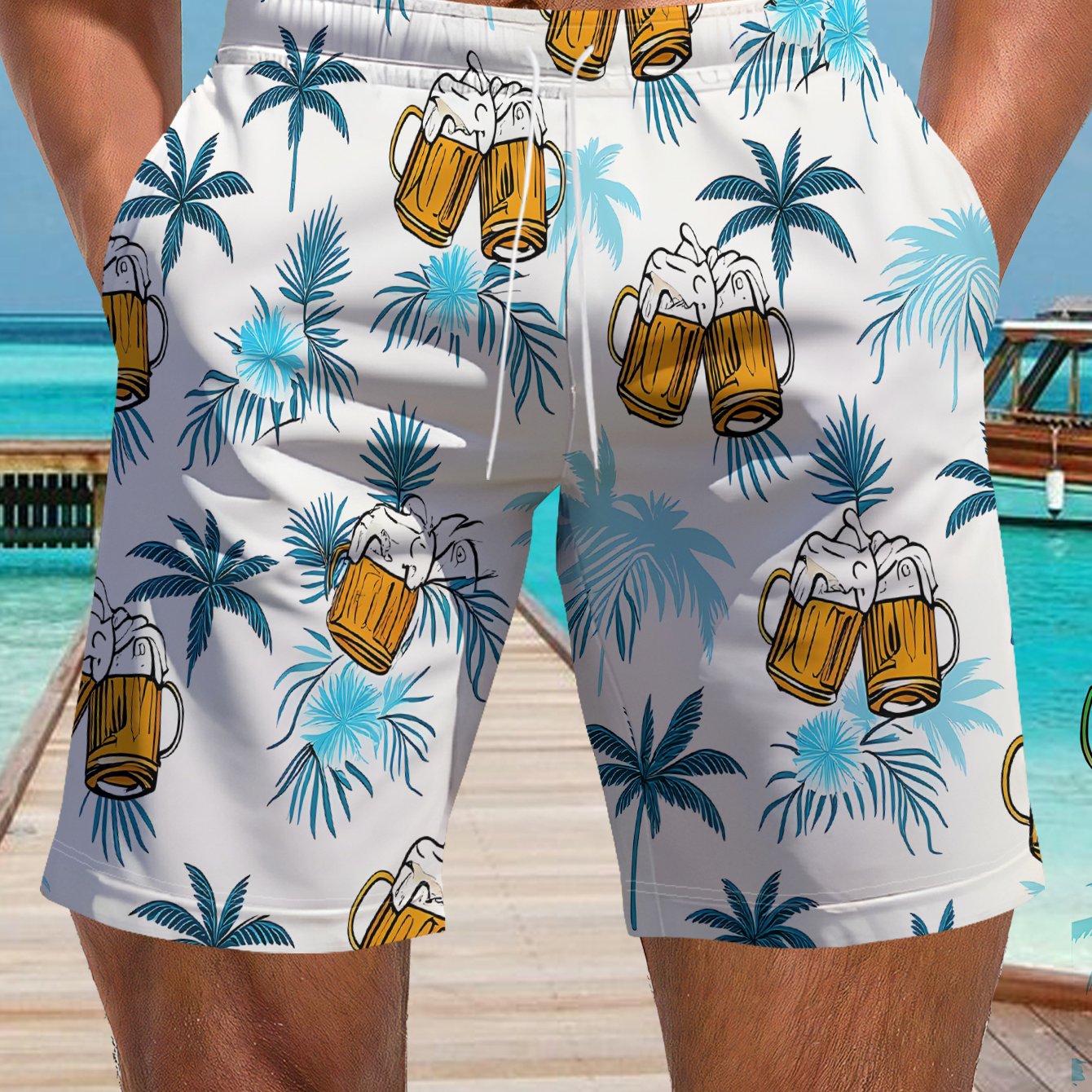 TEMU Men's Beach Vacation Shorts On A White Background, Featuring A Of Beer Mugs, Palm Leaves, And Blue Flowers - Made Of 100% Polyester, With A