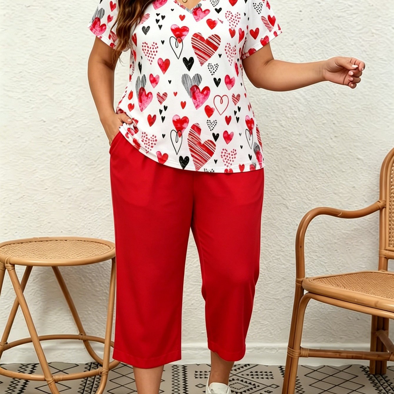 Image of Plus Size - Plate-size Set - Women'-piece T-shirt With Heart-shaped Print And Pocket 7-inch Pants Design. The V-neck Is Elegant And Fashionable, Suitable For Daily , Going Out, And Vacation Travel