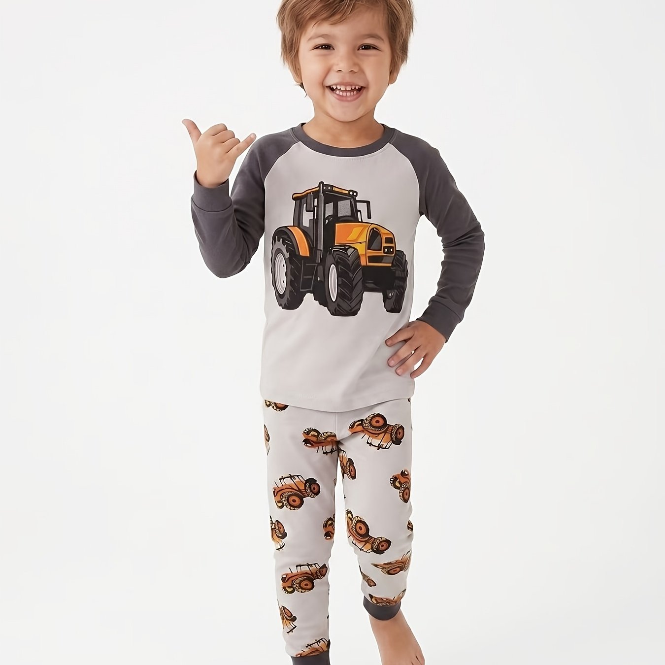 [flame Retardant Through 1615] Fashionable Engineering Vehicle Watermark Print Knitted Round Neck Pajamas