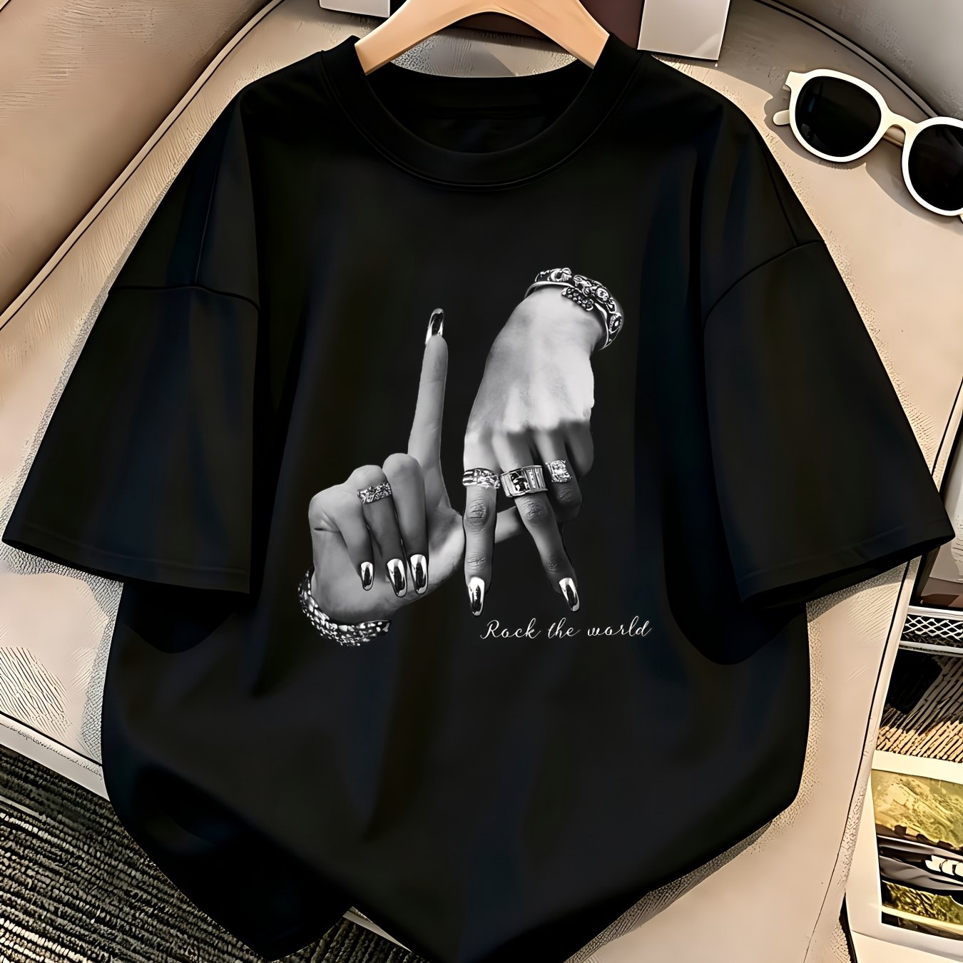 TEMU Retro Rock Hand Gesture T-shirt - Oversized Short Sleeve Crew Neck Top With Signs, Loose Drop Shoulder Fit, Spring Summer Casual Wear, Machine