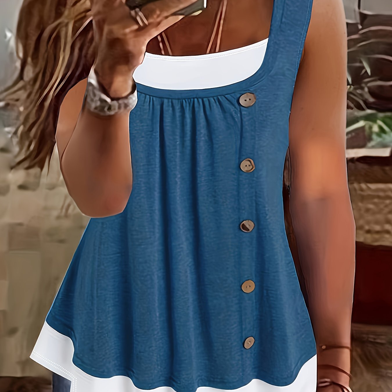 E-shop Plus Size - Sommerliche neue einfarbige lässige Pullover-Weste, Fake Two-Piece mit Knopfdekoration, Plus Size Weste, Damenbekleidung