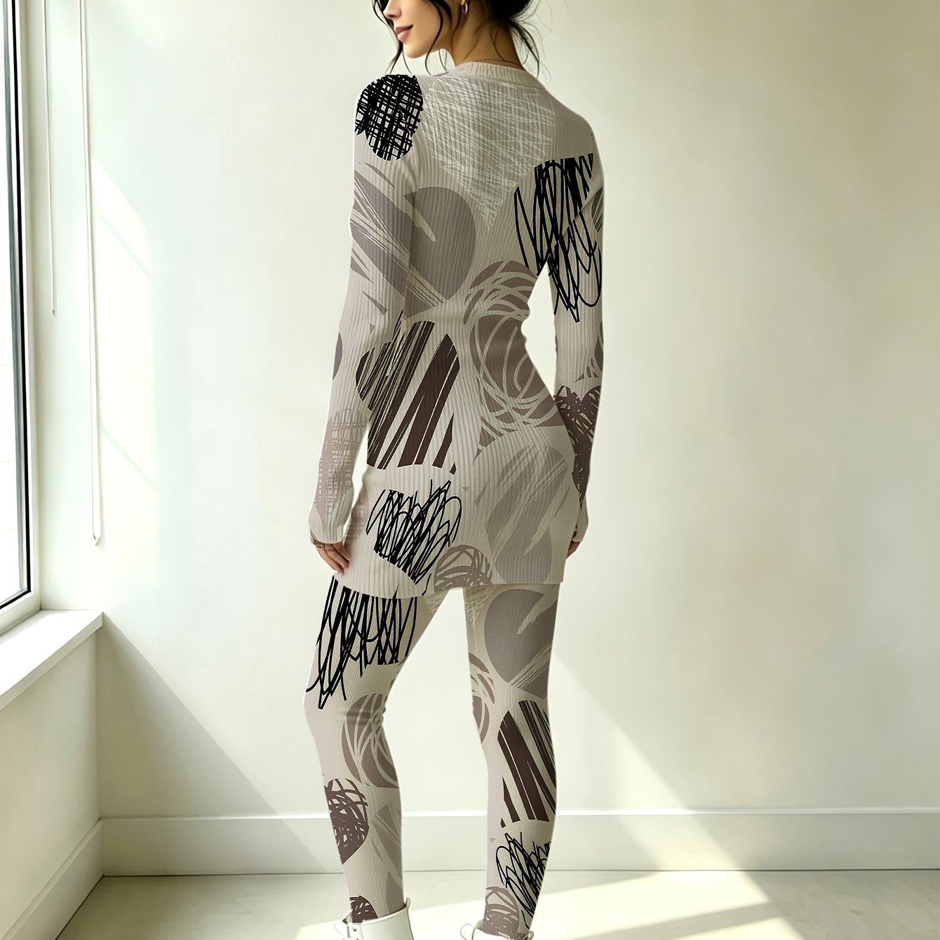 Image of Elegant Women' V-neck Long Sleeve Top & Slim Pants 2pcs Spring Minimalist Casual Suit