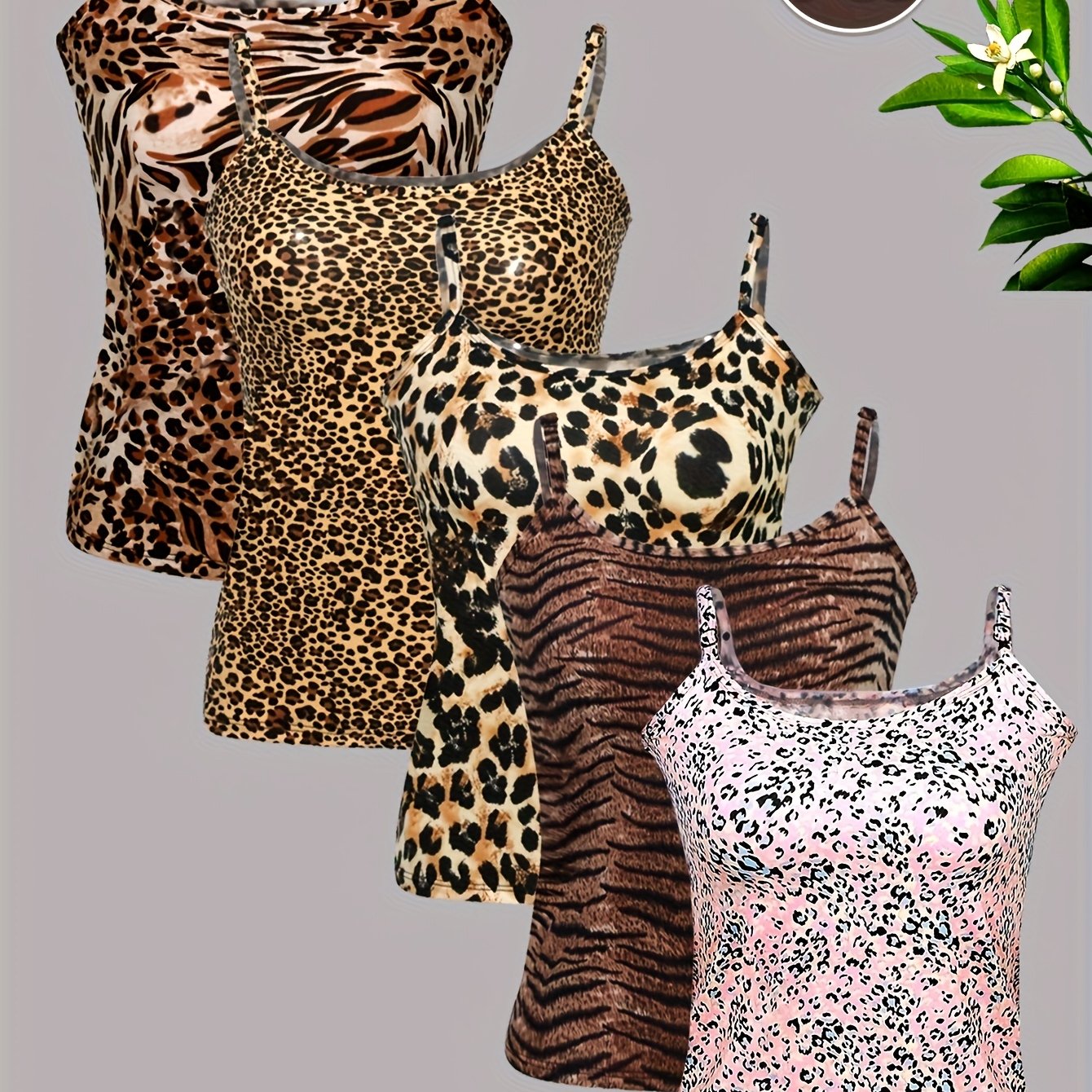 TEMU 5pcs Set Of Leopard Print Camisoles For Outerwear And Innerwear, Top And Base Shirt