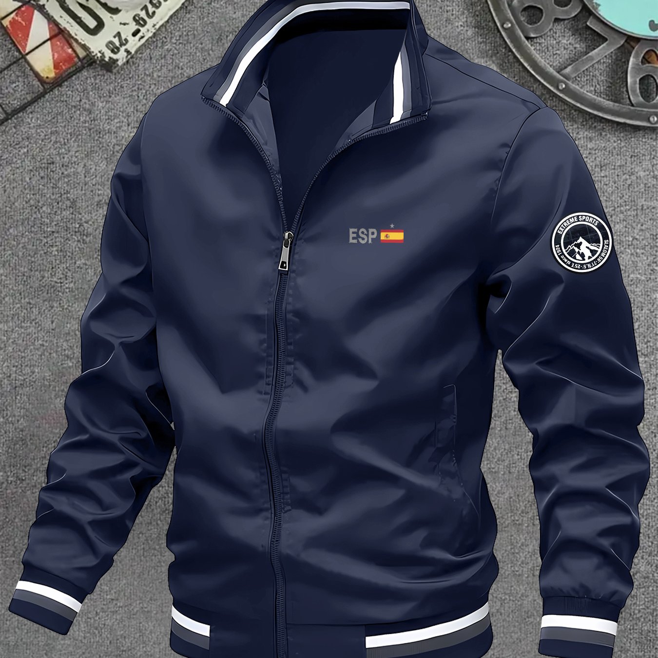 TEMU Chaqueta casual de cuello para hombre, tela cómoda con estampado de española, cierre de cremallera frontal, ajuste regular, de abrigo versátil