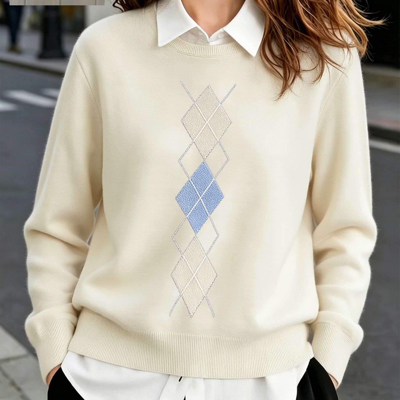 TEMU Women's Fashion New Sweater, Round Neck Pullover Design, Printed Pattern, Women's Argyle Long Sleeve - Round Neck Long Sleeve Design, Vintage