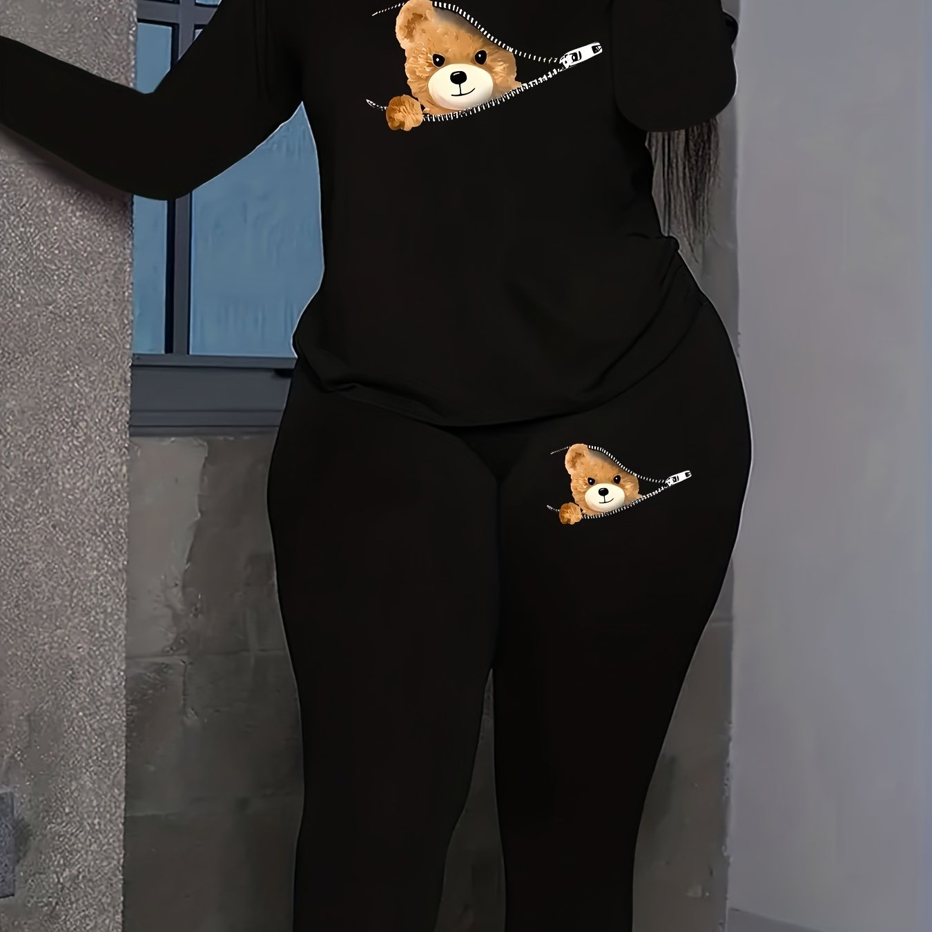 TEMU Plus Size Bear Print Two-piece Set, Crew Neck Long Sleeve Top & Pants Outfits, Women's Plus Size clothing