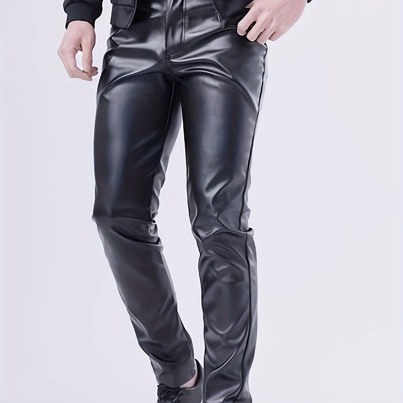 TEMU Men's Solid Pu Leather Pants With Pockets, Casual Slim-fit Trousers For Outdoor Activities Gift