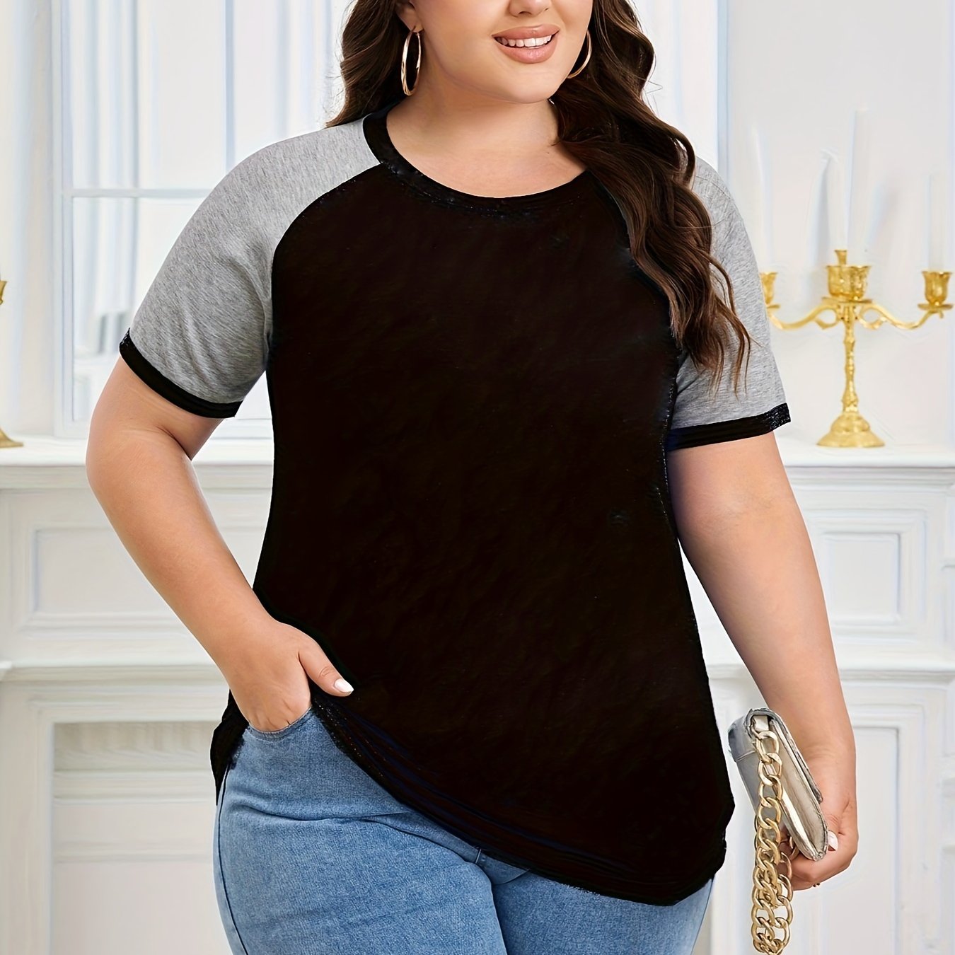 Plus Size Women's Summer Casual Raglan Color Block T-shirt - Teal & Grey Short Sleeve Loose Fit Tee, Breathable Round Neck Top For Casual Attire, Ladies T Shirts, Smooth Texture Shirt, Soft Fabric Tee