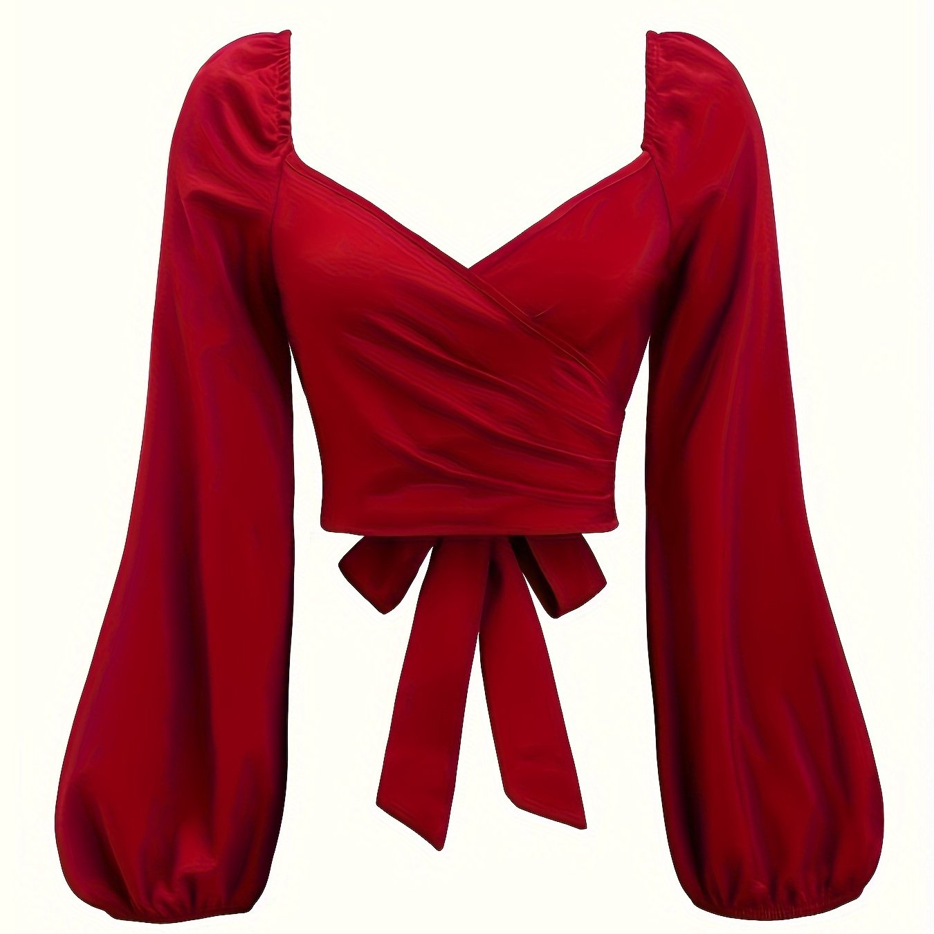 TEMU Plain Color Surplice Neck Blouse, Elegant Lantern Sleeve Tie Back Top For Spring & Fall, Women's Clothing