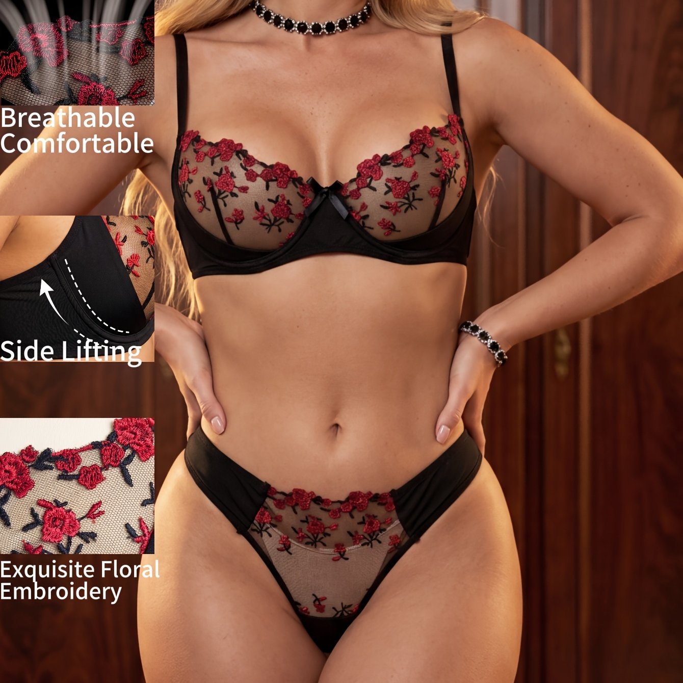 Black Floral Embroidery Sexy Lingerie Set Women'S,...