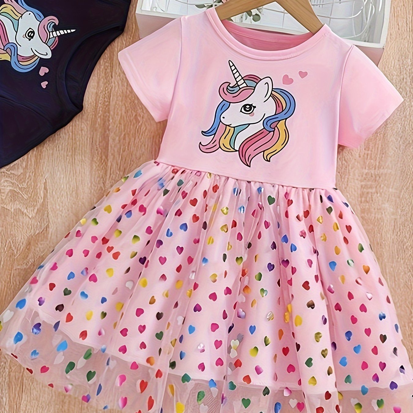 Image of Girls' Summer New Style Dress, Little Girl Princess Short Sleeve Dress With Puffy Tulle Print Animal Pattern