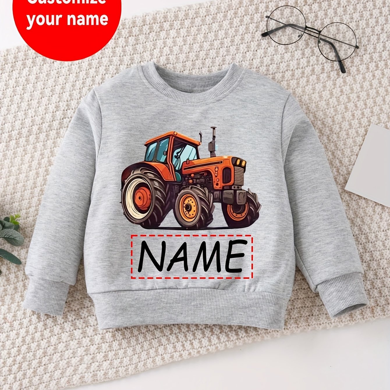 Boys No Hat Hood Sweatshirt Customized Name And Tractor Pattern Printed Comfortable Soft Round Neck Top