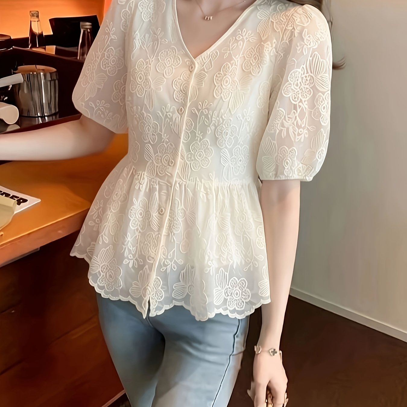 TEMU French Sweet Chiffon Short Sleeve Shirt Tummy Coverage Square Shoulder Lace V-neck Top