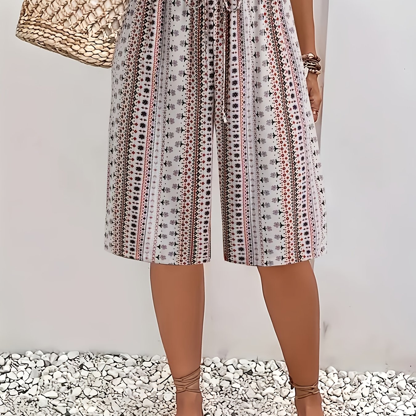 TEMU Plus Size - Casual Beach Shorts, With Drawstring - Geometric Pattern, High Waist, Loose Fit, Machine Washable