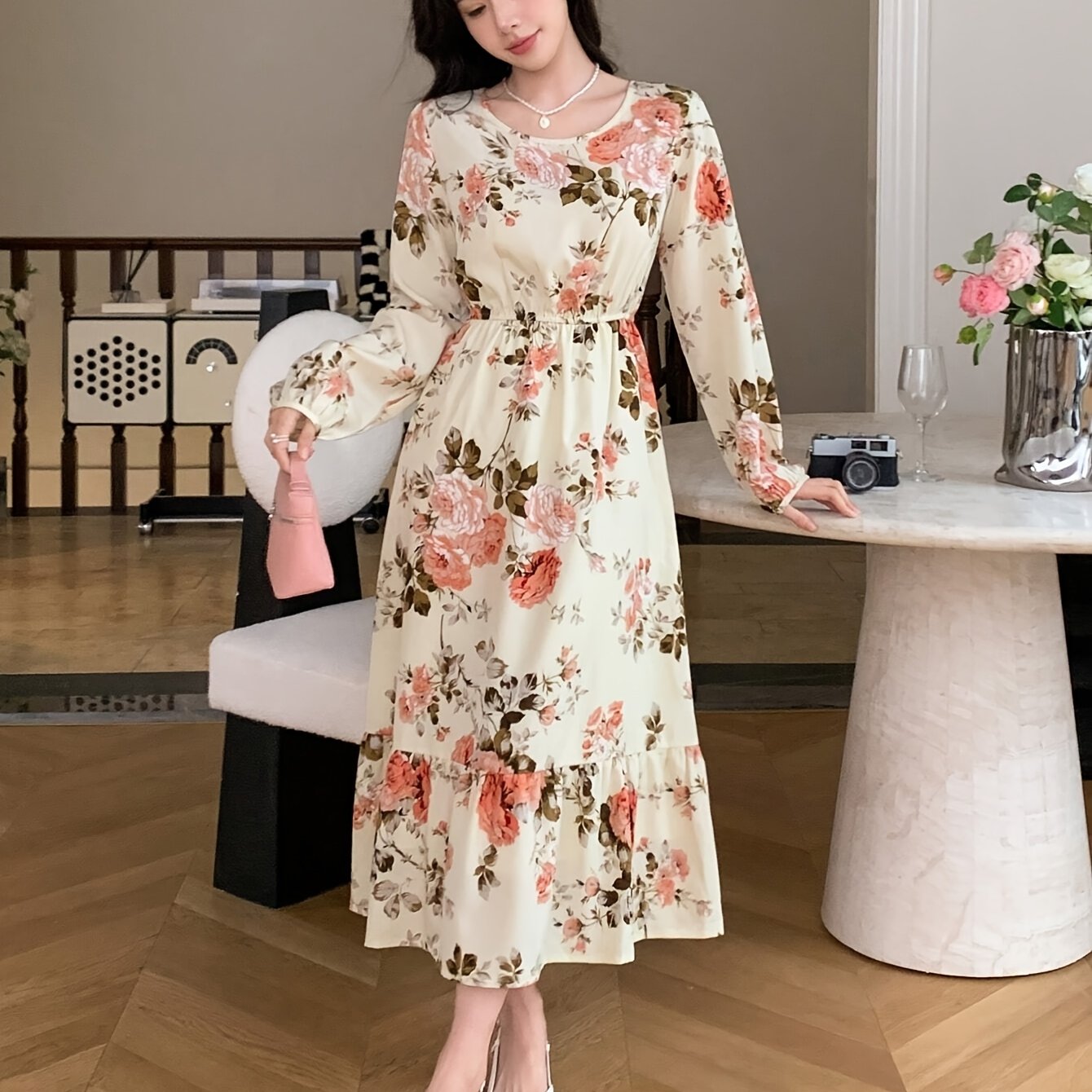 womens elegant floral print a line dress sleeve round neck - Temu Oman
