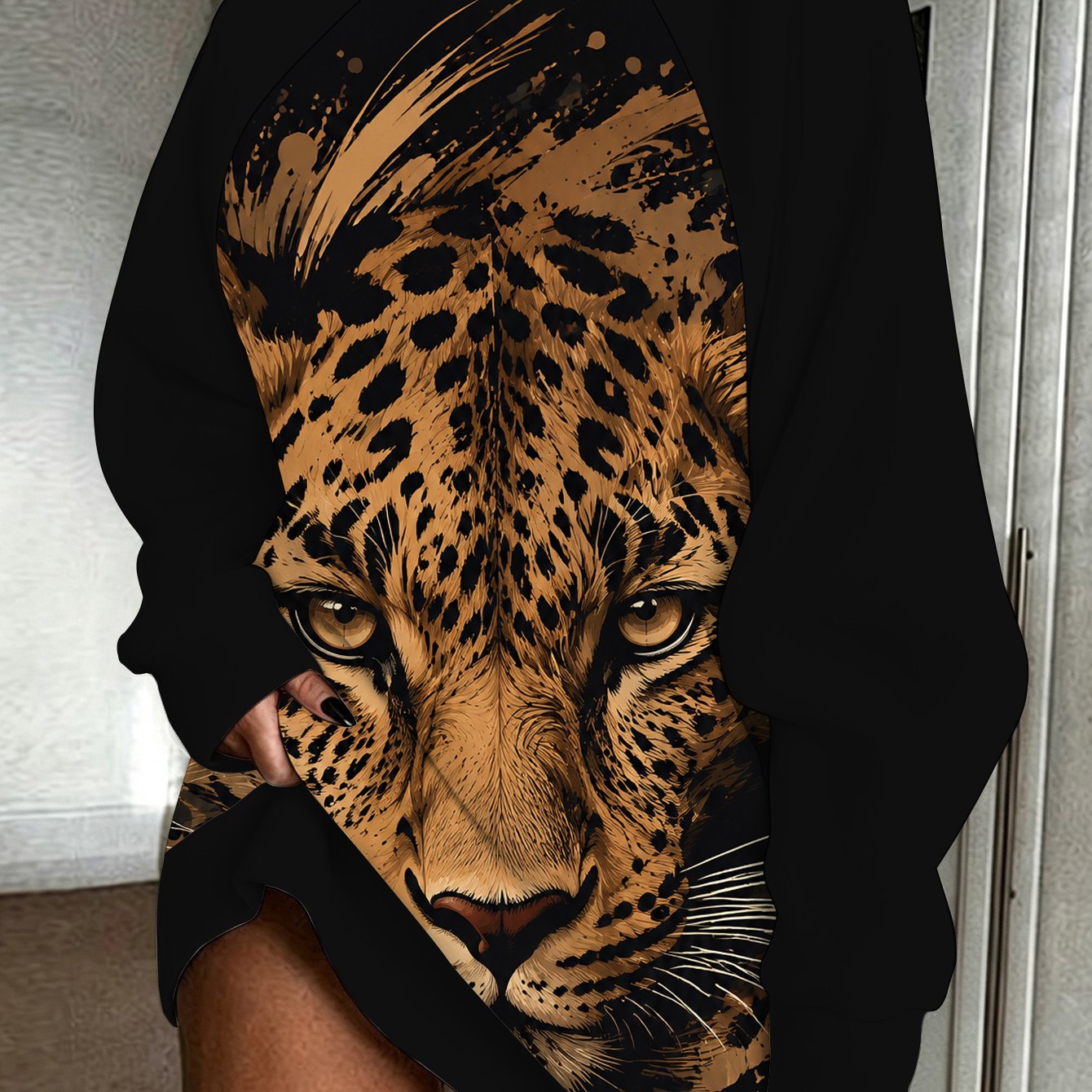 TEMU Leopard Head Splash Ink Women's Printed Sweatshirt, Autumn Winter Long Length Street Home Office Party Travel Casual Wear