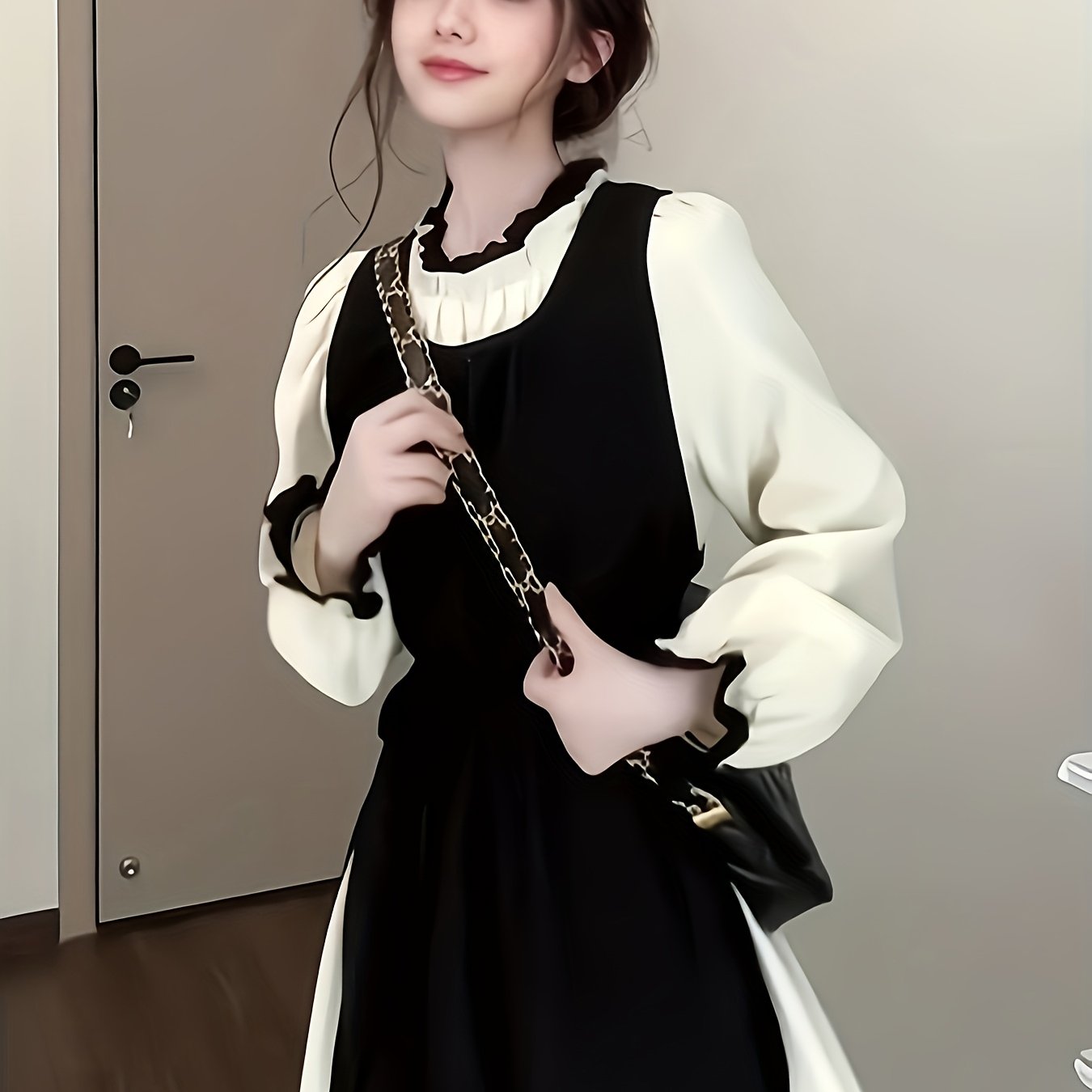TEMU 女性用トビンテージAラインドレス 刺繍レーストリム＆ティックカラーブロッキング - 長袖スケートドレス 、パーティー、教会イベントに最適 - 洗濯機対応 春/秋ドレス