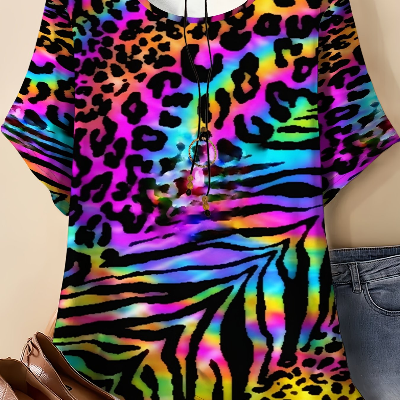 TEMU Women's Plus Size Round Neck T-shirt, Tie-dye Base With Leopard And Zebra Patterns (trendy Cool Style, Combining And Neon Visual Tension),