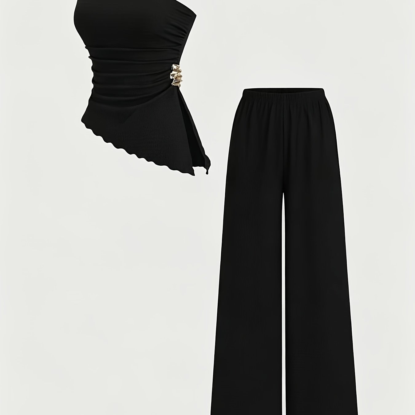 TEMU Women' Color Metal Embellished Pleated Crop Top And Pants 2pcs Set