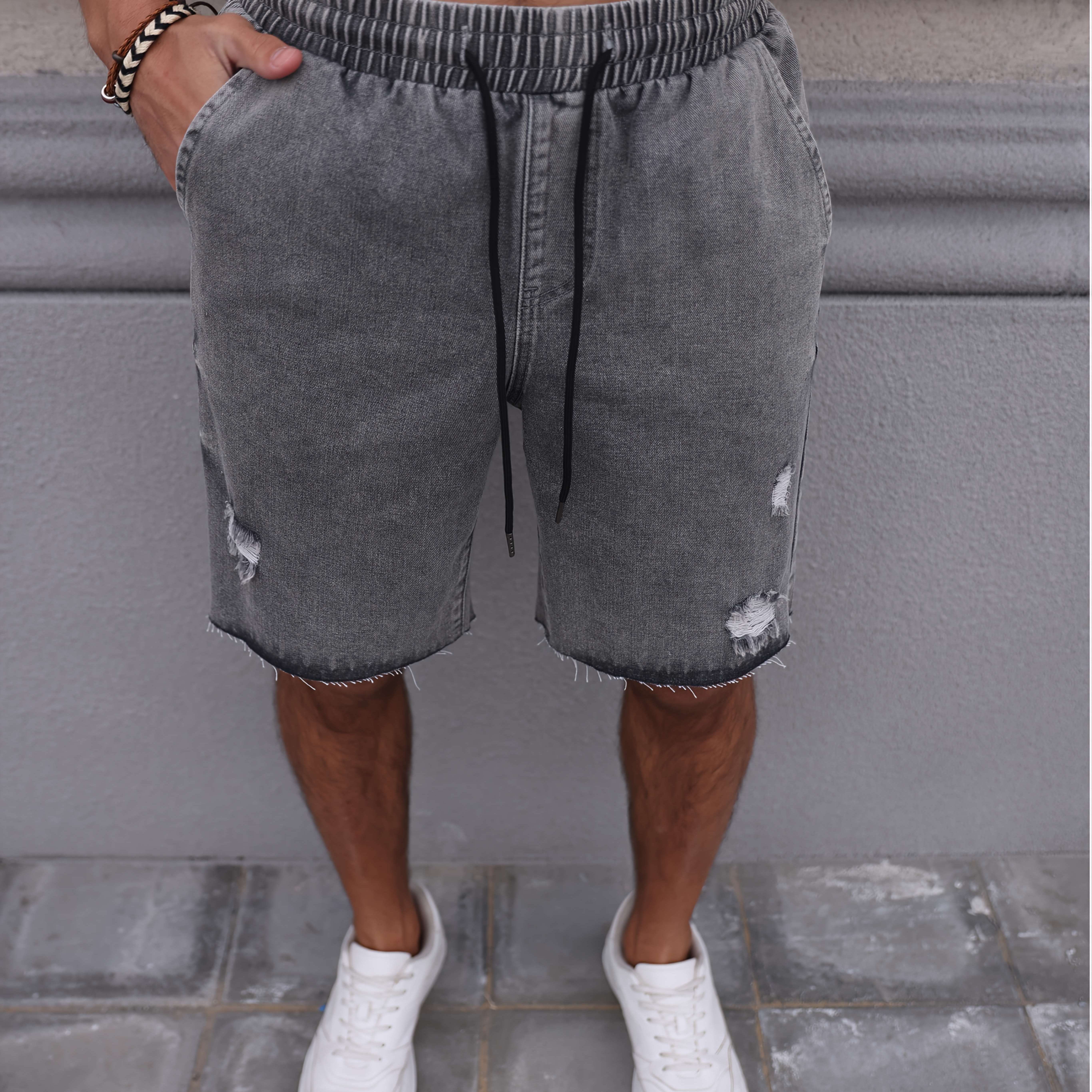 Men's Elastic Waistband Wide-leg Denim Capris With Drawstring + Ripped Details