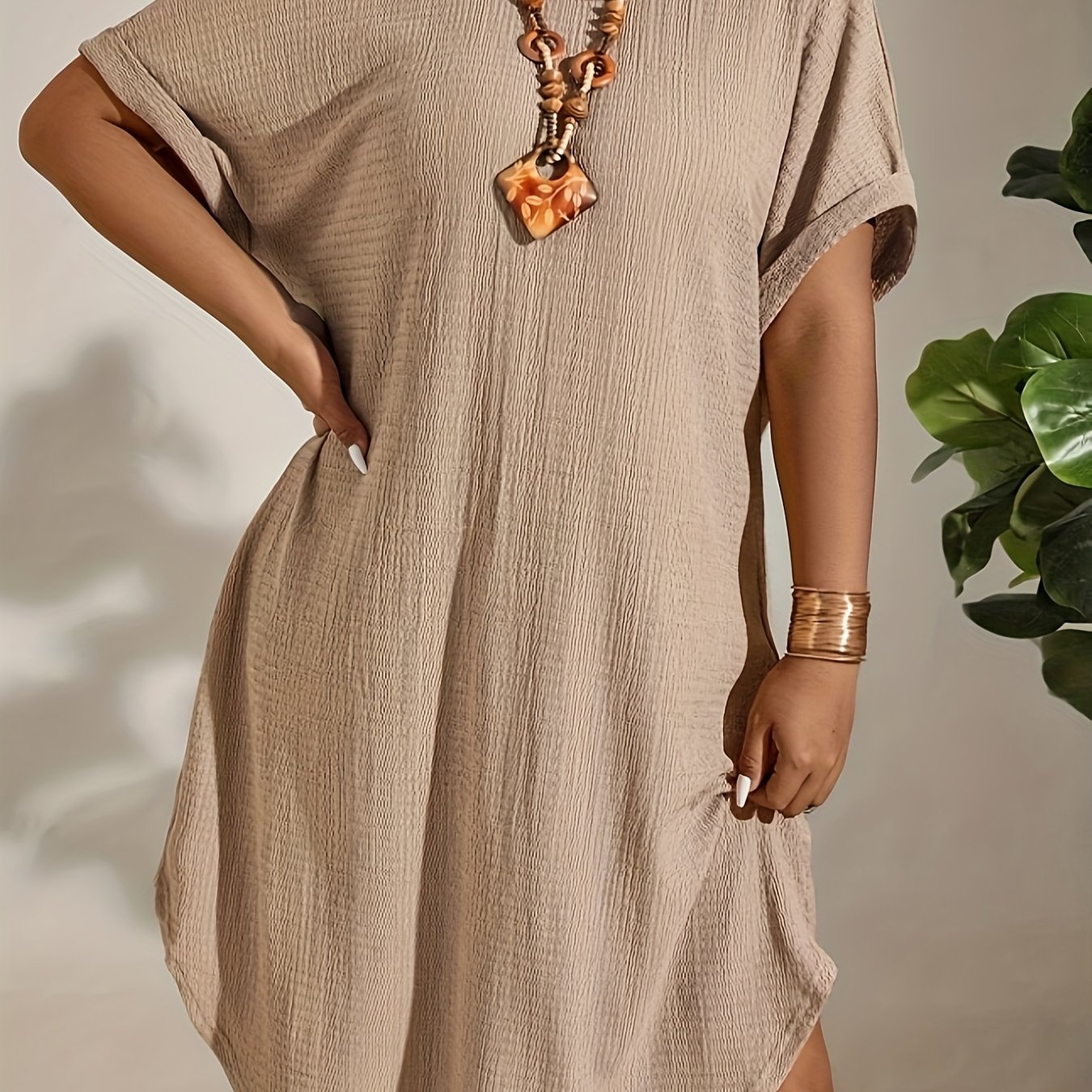 TEMU Plus Size, Plus Size Solid Color Dress, Casual Short Sleeve Round Neck Dress With Curved Hem And Rolled Cuffs, Suitable For Spring And Summer,
