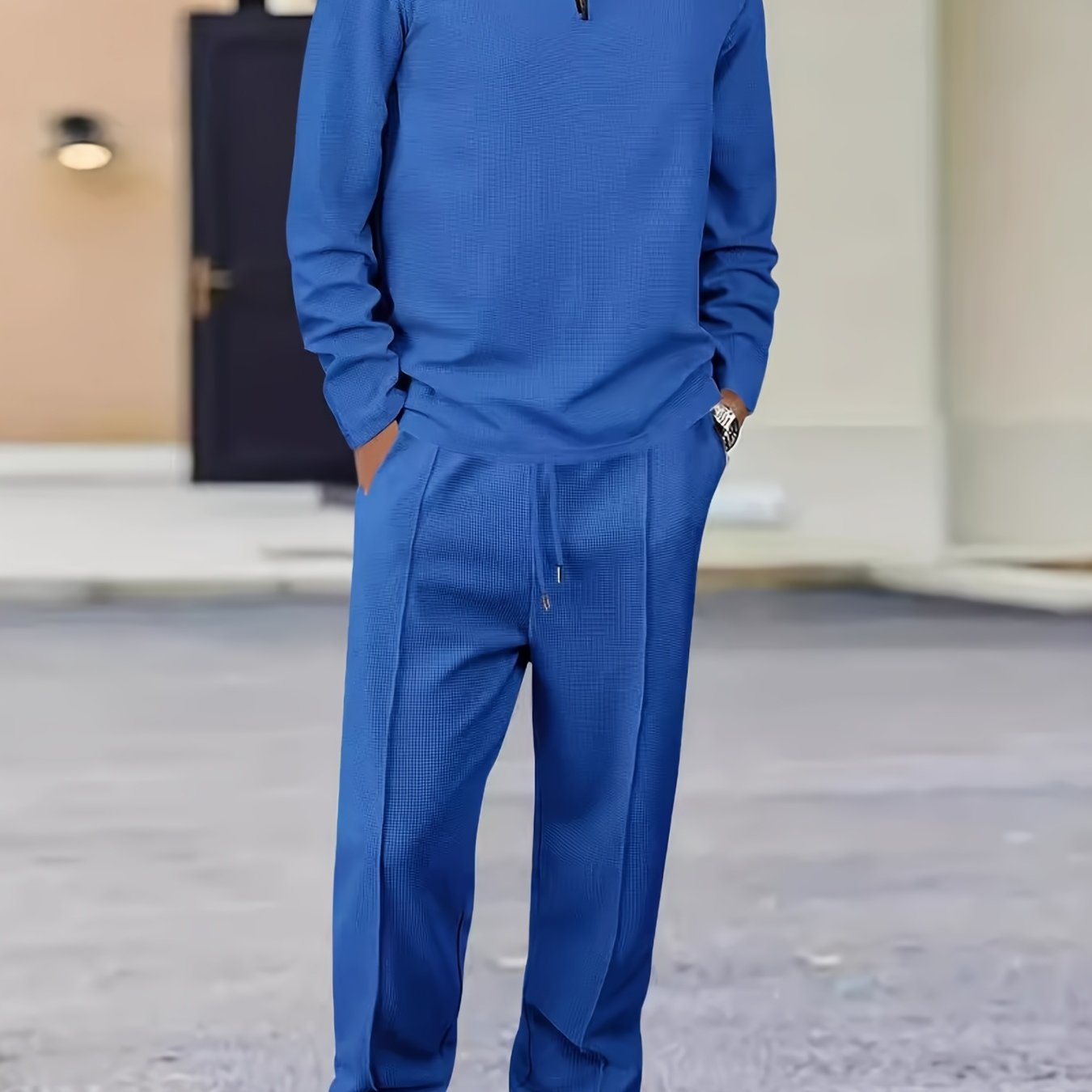 TEMU [2pcs]men's Waffle Knit Long Sleeve Pants Set, Breathable Casual Athletic 2pcs Outfit For Daily Outdoor & Gift Use