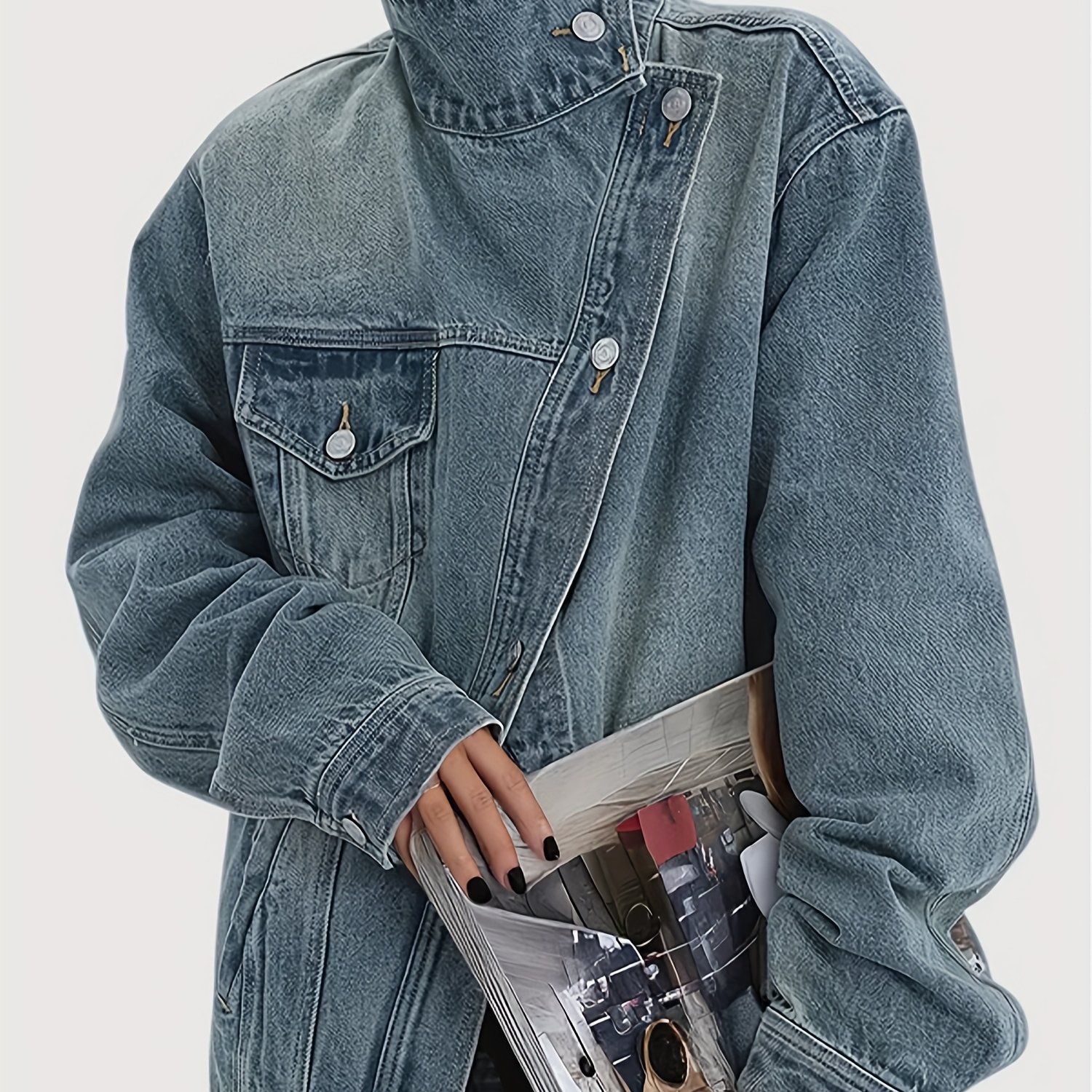 TEMU Women's Vintage Washed High Neck Asymmetric Button Jacket, Street Style Trendy Versatile Jacket Top, Suitable For Spring, Autumn And Winter