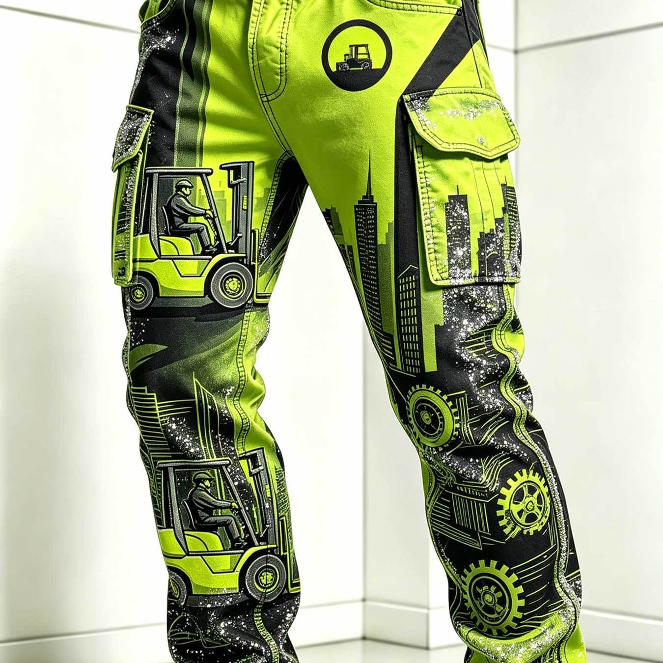 Image of Men's Twill Work Pants With Double Pockets Cool Forklift Print Urban Streetwear For Daily Casual Wear And Outdoor Activities