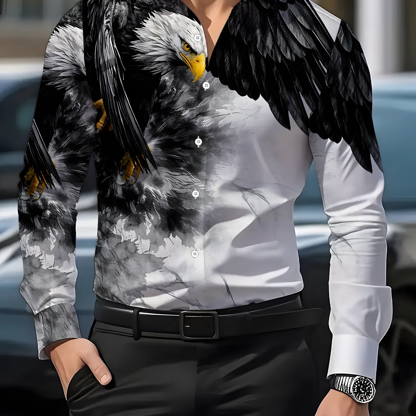 TEMU Plus Size Men's Long Sleeve Shirt With Ink Wash , Printed Shirt For Overweight Men With Eagle Element, Oversized Men's Shirt In Black And White
