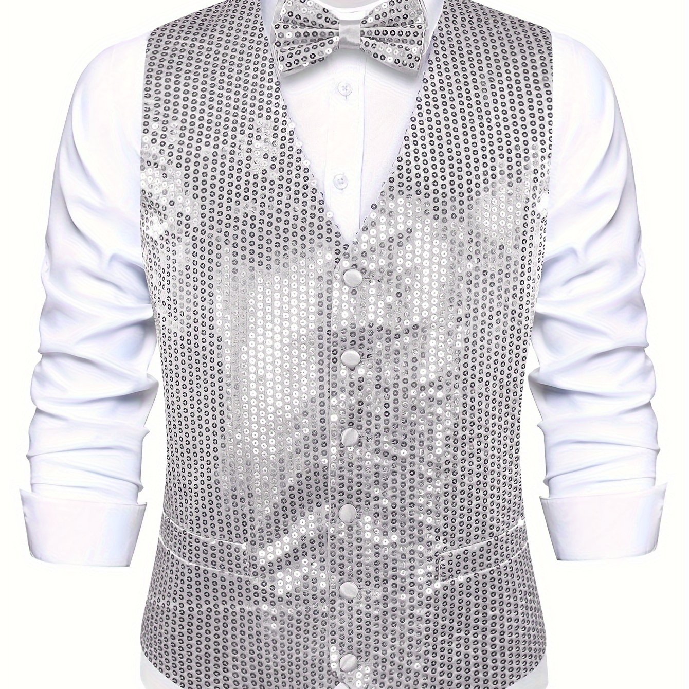 TEMU Fashion Men's Sequin Vest And Bow Tie Set For Wedding Party | Non-stretch, V-neck, Solid Color, , Button-up, Slim Fit