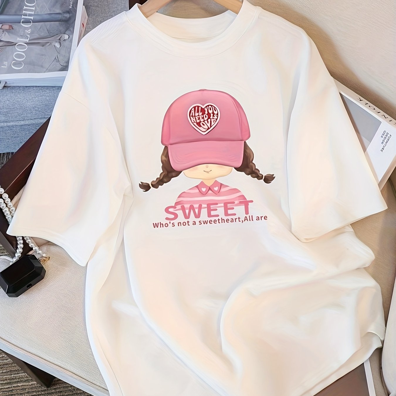 Summer Girls' Short Sleeve T-shirt 2025 New Style, White Loose-fit Tee For Middle And Older Kids, Niche Design Children's Top