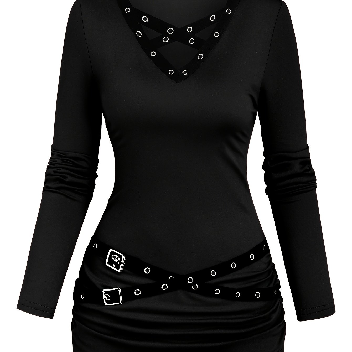 E-shop Plus Size, Damen Herbst/Winter Einfarbig Metallösen Band Kreuz V-Ausschnitt Langarm Plissiertes Design Slim Fit Casual Niedliches Lustiges