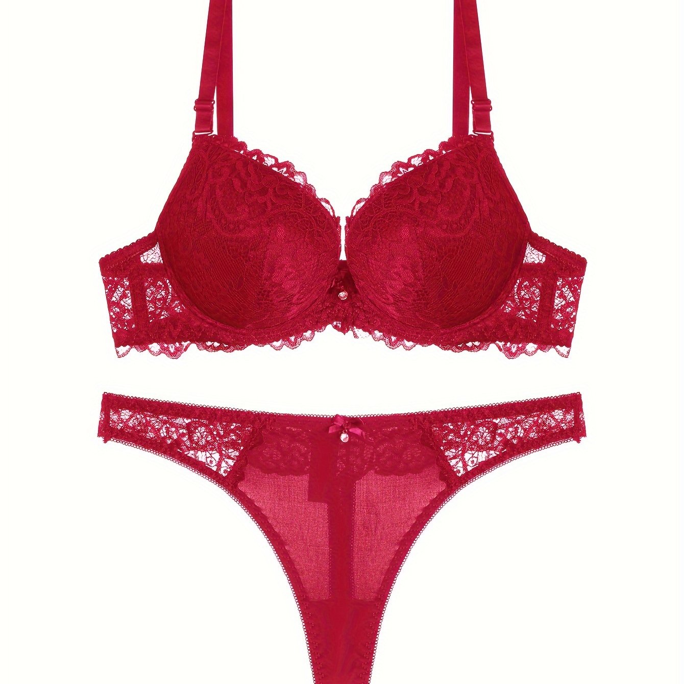 Hot Plain Red Lace Bra Thong Panty Bow Rhinestone Decor - Temu