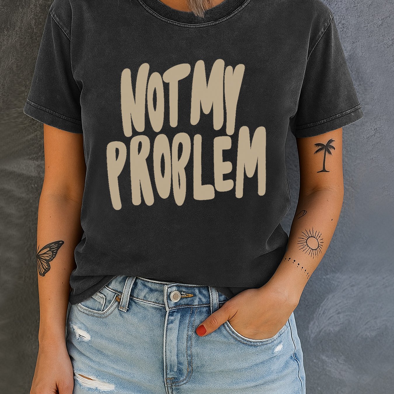 1pc Women's "not My Problem" Slogan Printed Distressed T-shirt, Spring Summer Short Sleeve Washed Distressed Tee Gift