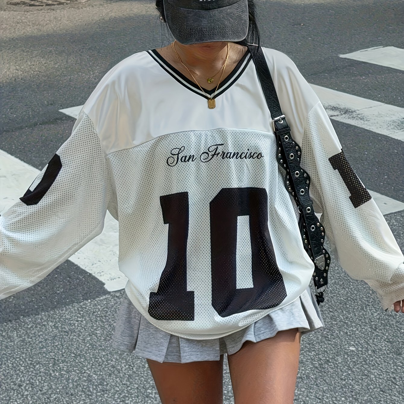 TEMU Digital Letter Print Mesh V-neck Top Women's Fashion Versatile Casual Long Sleeve Athletic Top