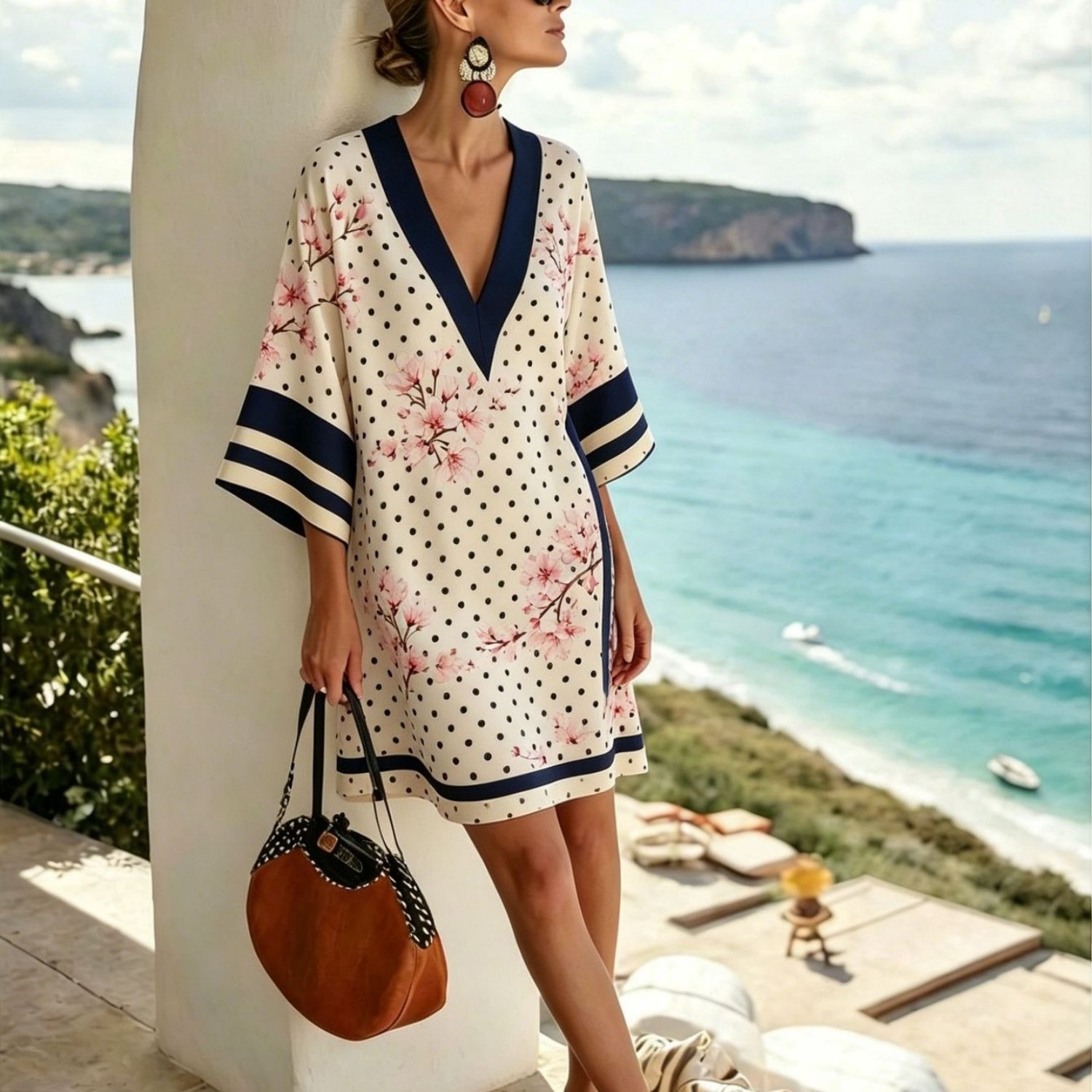 Image of Plus Size - Plus Size - Plus Size Women's V-neck Dolman Sleeve Dress With Beige Base, Black Polka Dots, And Pink Cherry Print, Loose Flowy Casual Tunic, Elegant Beach Cover Up For Vacation