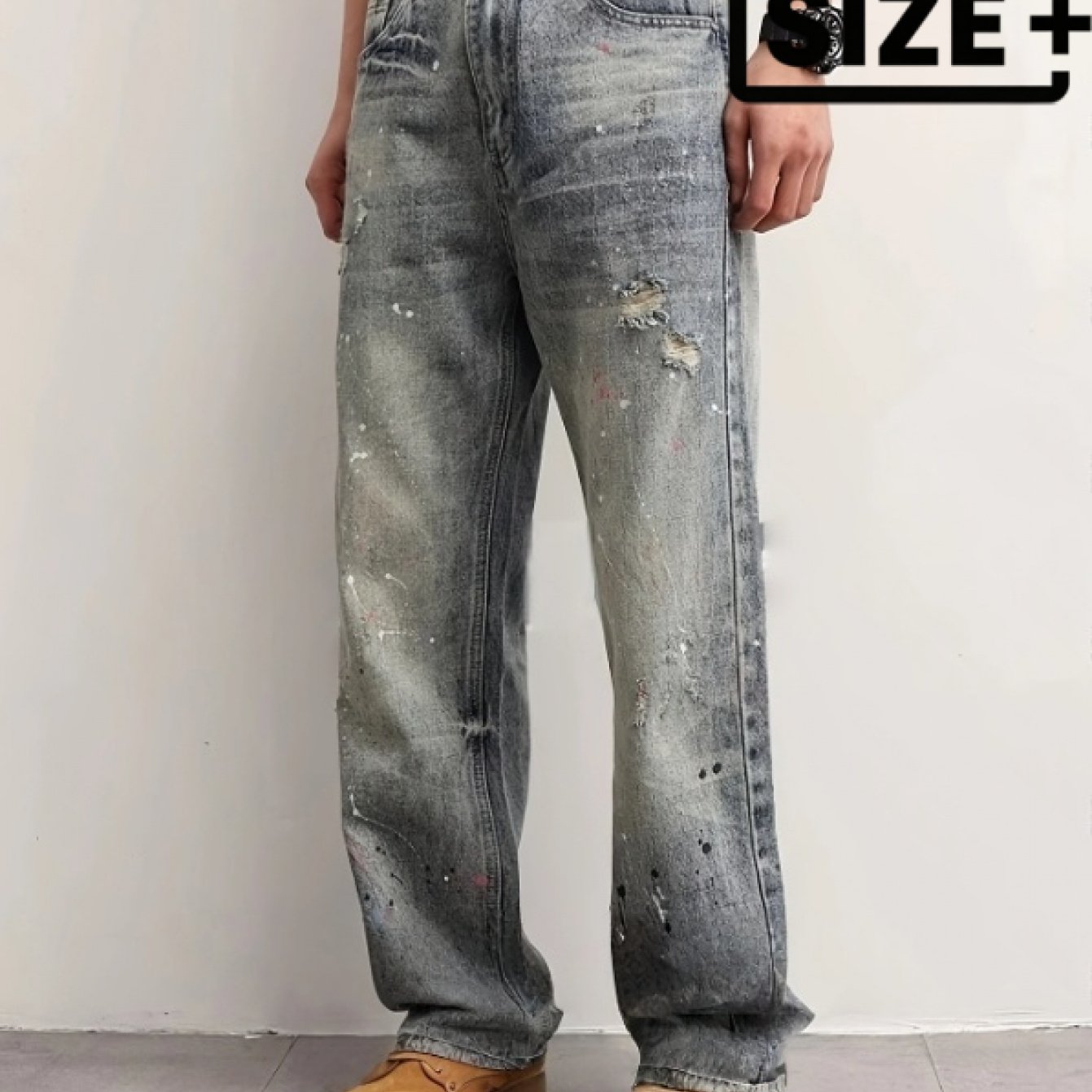 Image of [hme]& Winter Men's Non-stretch Straight Jeans, Heavy Washed Vintage Blue-grey, Non-stretch Denim, Machine Washable, Ripped Detail& Star Design, Must-have For Style, Plus Size
