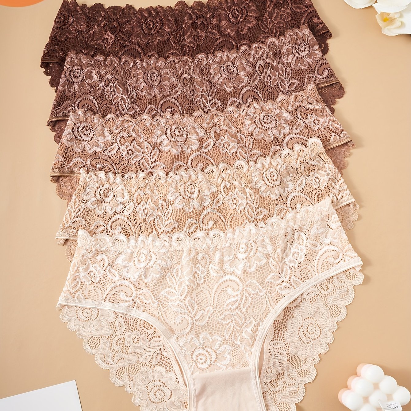 Image of 5pcs Elegant Lace Underwear - Briefs With Scalloped Trim, Soft Comfortable Panty, Non-sheer Full Coverage, Hand Washable, Romantic Lingerie Basics (5pcs)