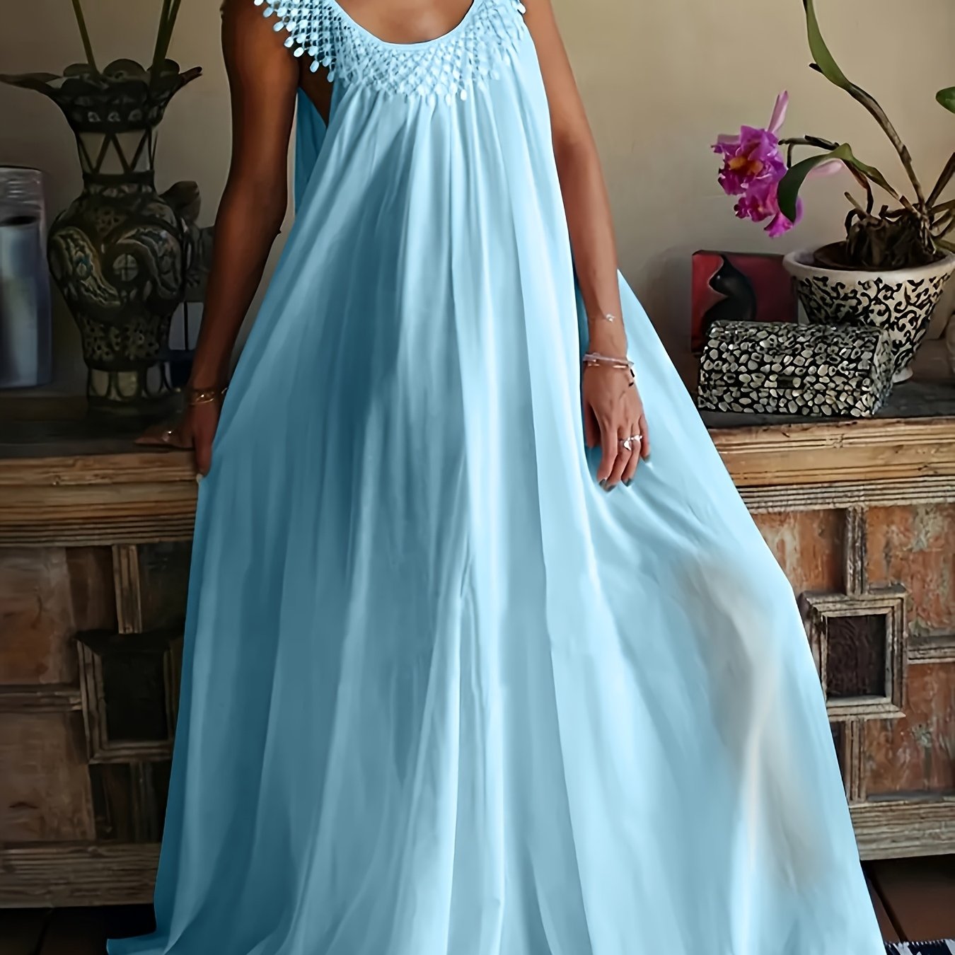 TEMU Plus Size Women's Elegant Casual Chiffon Temperament Lace Long Dress, Breathable Comfortable Top, Wear, Loose Fit