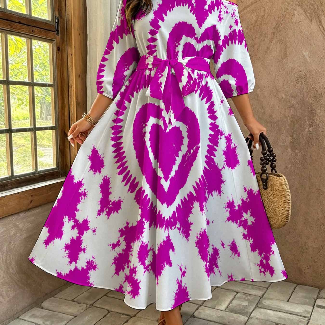 Image of Plus Size Heart Tie-dye Print Off-shoulder Maxi Dress, Bohemian Casual Belted Elegant Maxi Dress, Vibrant Pink Splatter Pattern, Soft Breathable Fabric