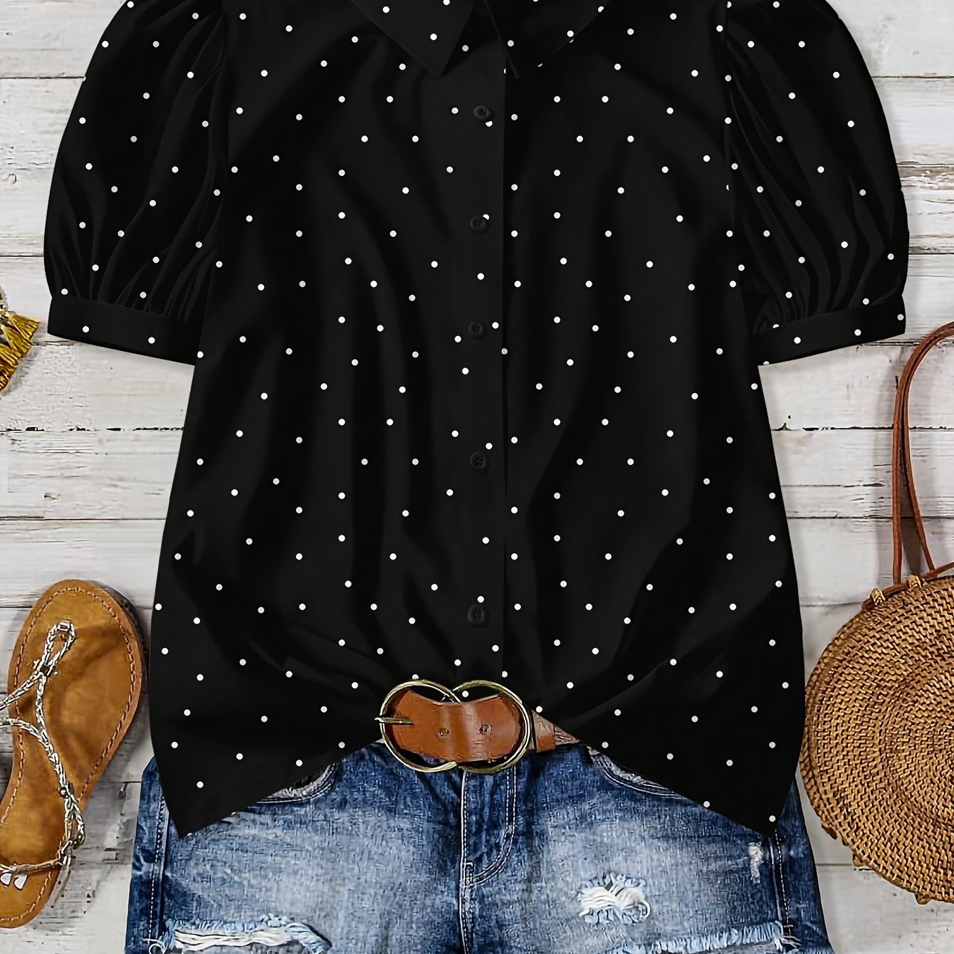 E-shop 2026 Frühling Sommer Damen Elegante Mode Kragen Polka Dot Print Bluse Top