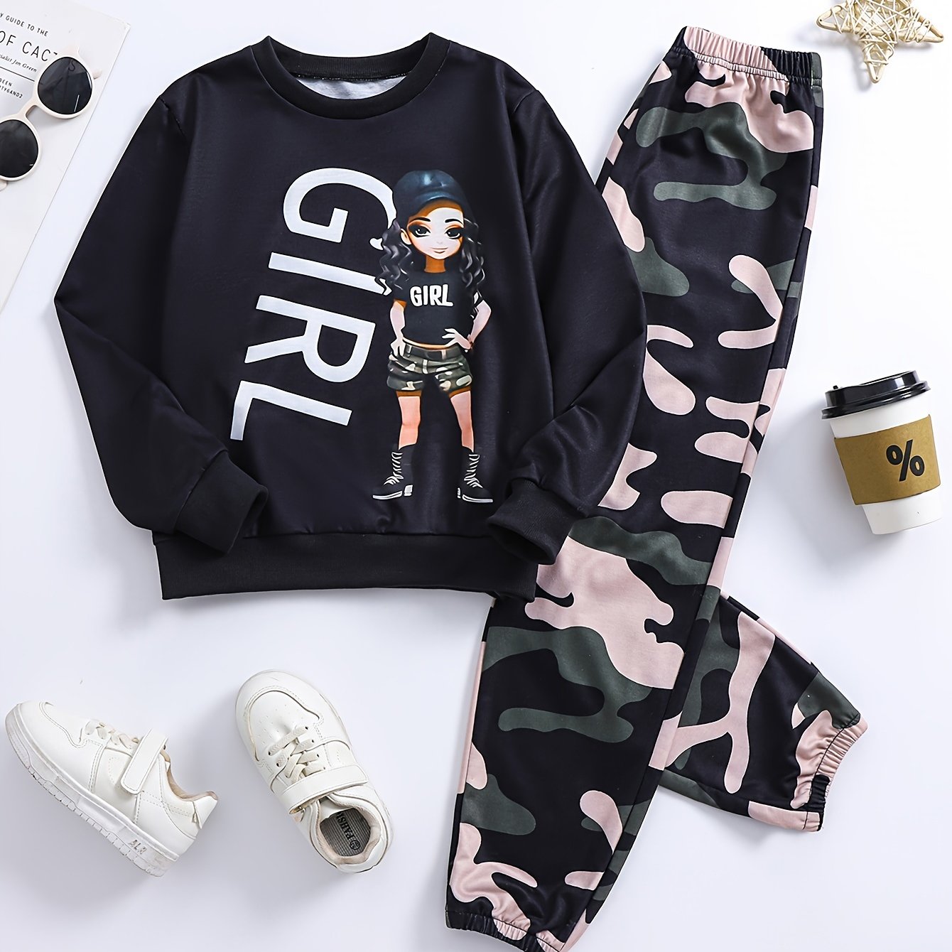 Image of Girls' Autumn Winter Set Top Long Sleeve Letter Girl Print Matching Camouflage Print Long Pants Casual All-match Cool Child -catching Two-piece Set Targeted Development, For Outdoor