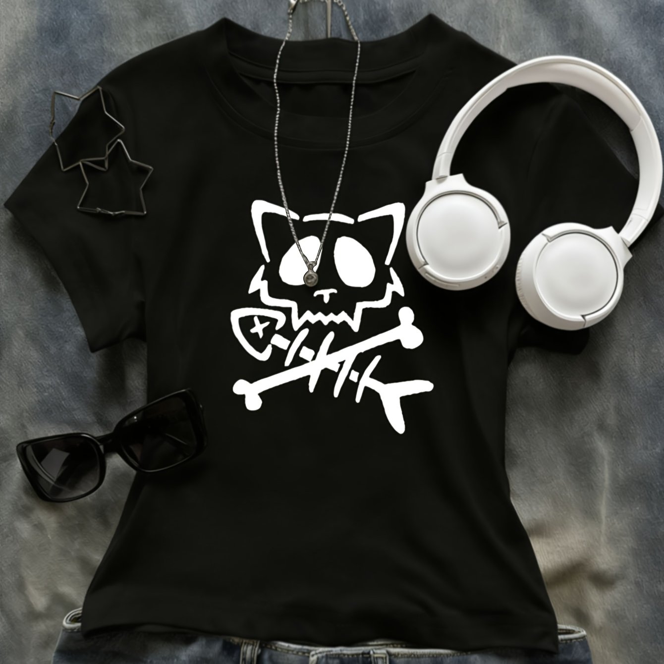 TEMU -style Skull Cat Fishbone Print Pattern, Women's Fitted T-shirt Summer New Style, Short-sleeved Piece, Hip-hop Trendy Personality Creative,