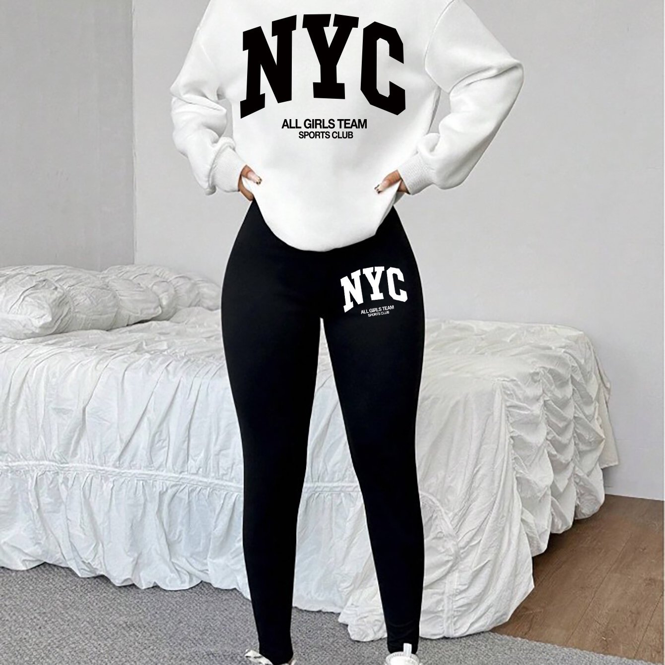 TEMU 1014gwen, 1 Set Of Casual Women's Sweatshirt Set, 2pcs, Letter Print, Round Neck Long Sleeve Sweatshirt, Long Leggings, Worn Alone Or As A