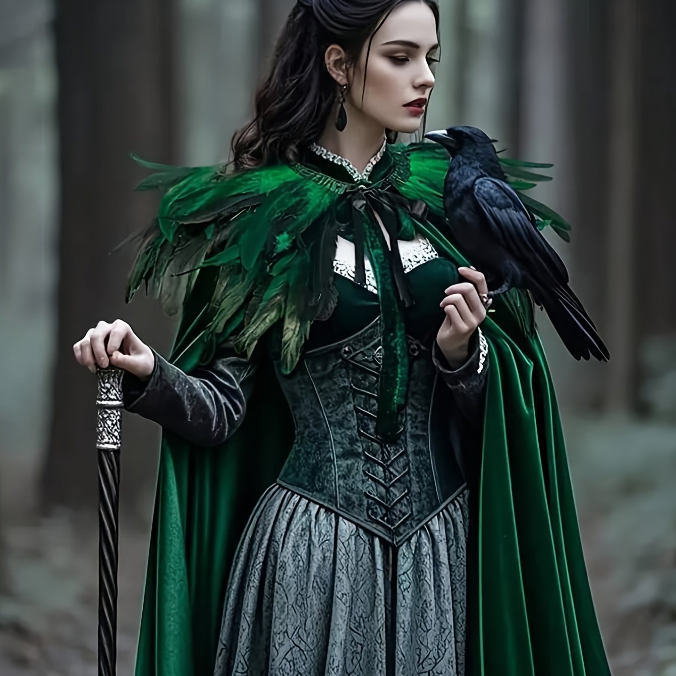 E-shop 2er-Set Retro Hexenkleid & Umhang - Langärmlig, Grün &, für Halloween- & Karnevalskostüme, Bühnenrequisiten, Herbst-/Winterkleidung,