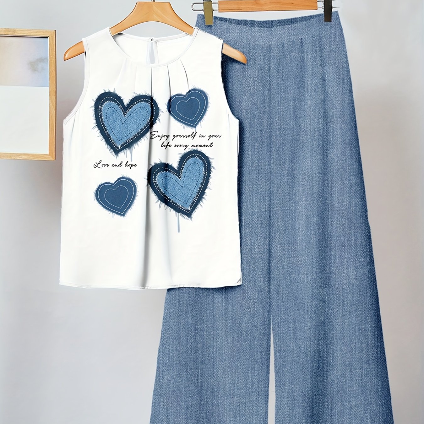 TEMU Damen Zweiteiler Set, bestehend aus 1 ärmellosem Blusenoberteil mit Blumenmuster und Rundhalsausschnitt, kombiniert mit 1 Paar locker sitzenden