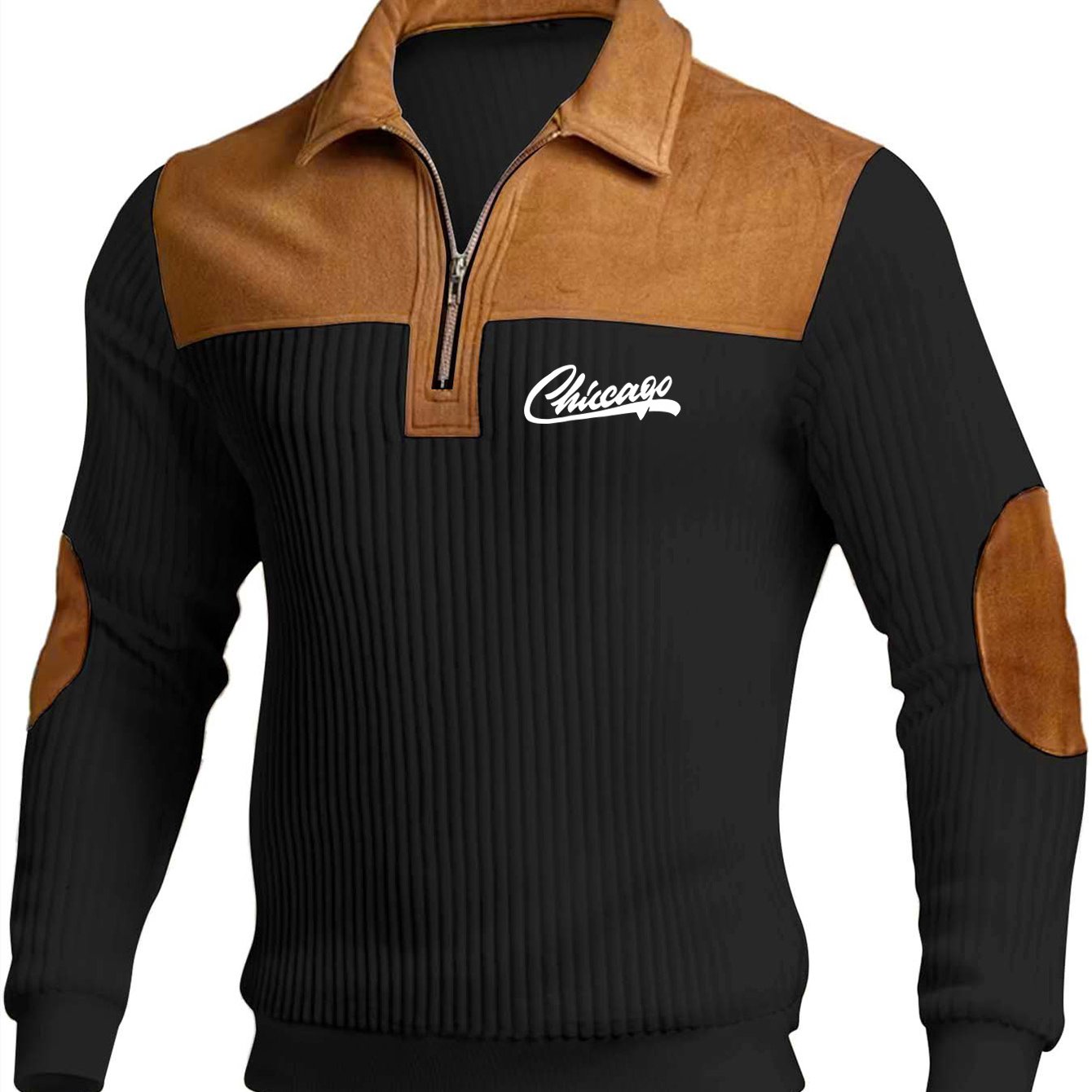 TEMU Christmas Men's Gift - Men's Designer Casual Ribbed Cable Knit Half-zip Stand Collar Pullover - Color Block Long Sleeve Pullover, Contrast Color