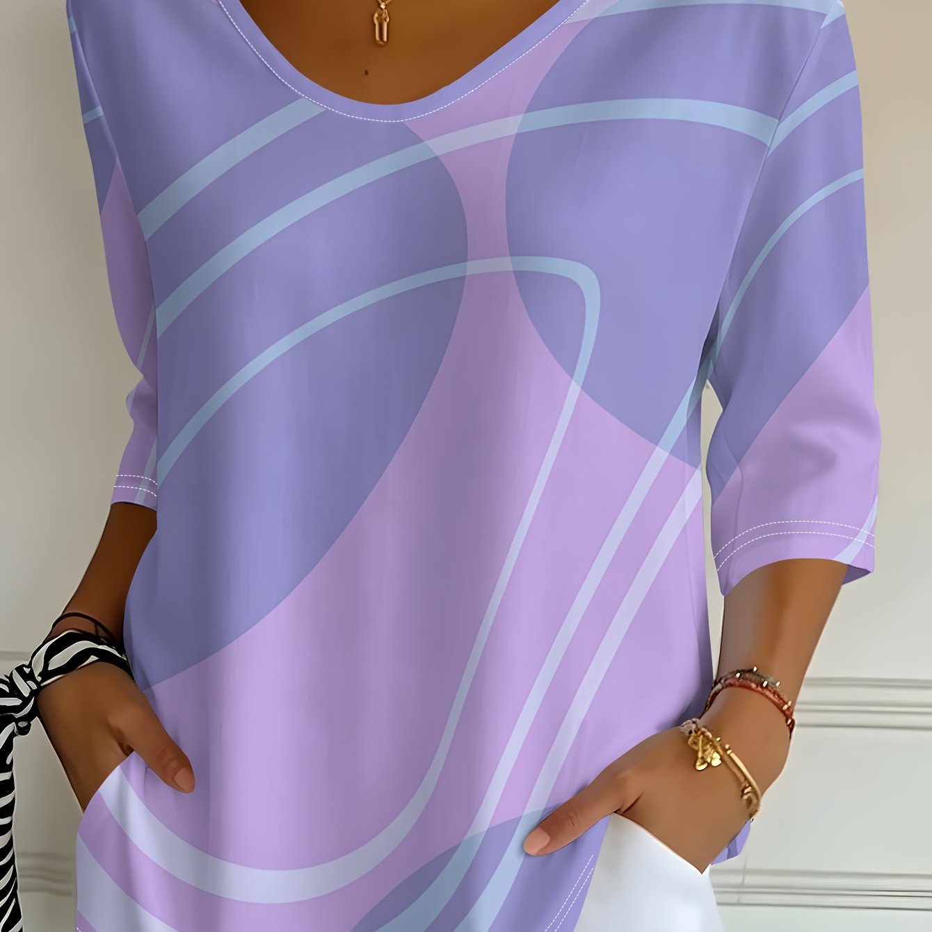 TEMU Women's New Pale Purple Abstract Fluid Print V-neck Three-quarter Sleeve T-shirt, Spring Autumn Casual Top