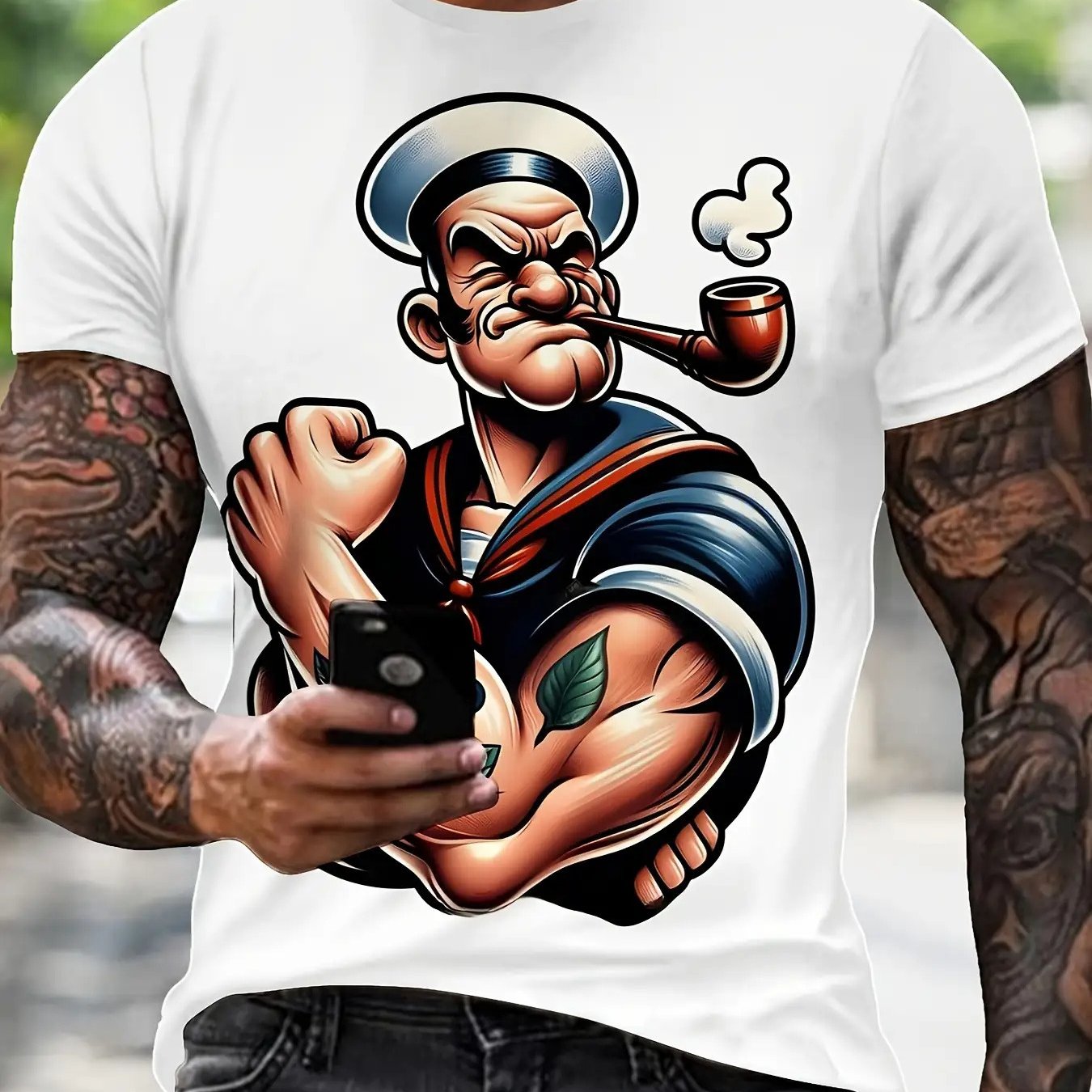 TEMU Patterned T-shirt For Big-sized Men - Made Of, Featuring A Casual Round Neck, Machine Washable, Vibrant Cartoon Navy Print, Short Sleeves,