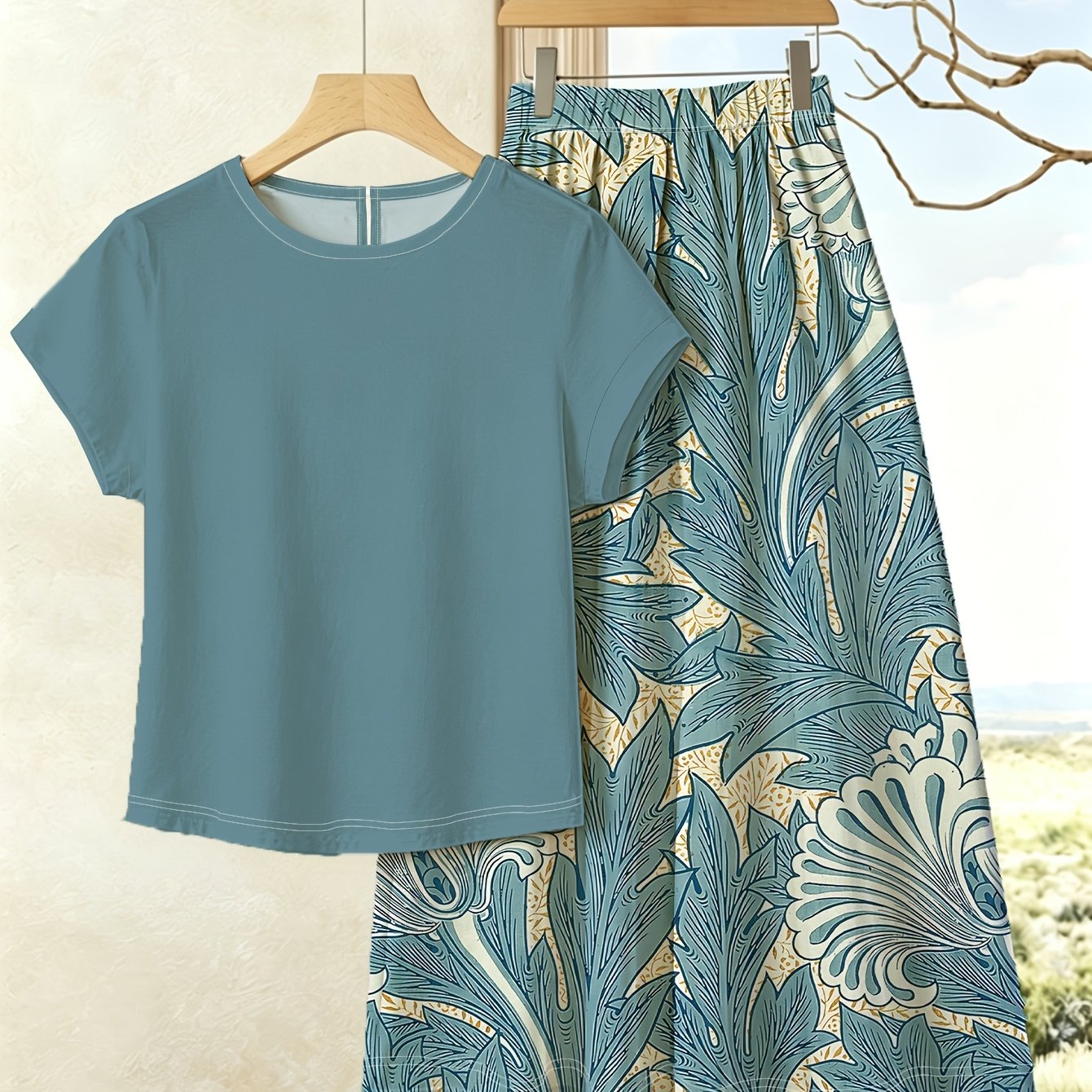 TEMU Women's 2026 New 2pcs Set: Short-sleeve T-shirt With Printed Skirt. Features An Elegant Floral , Suitable For Daily Casual Wear And Travel. And
